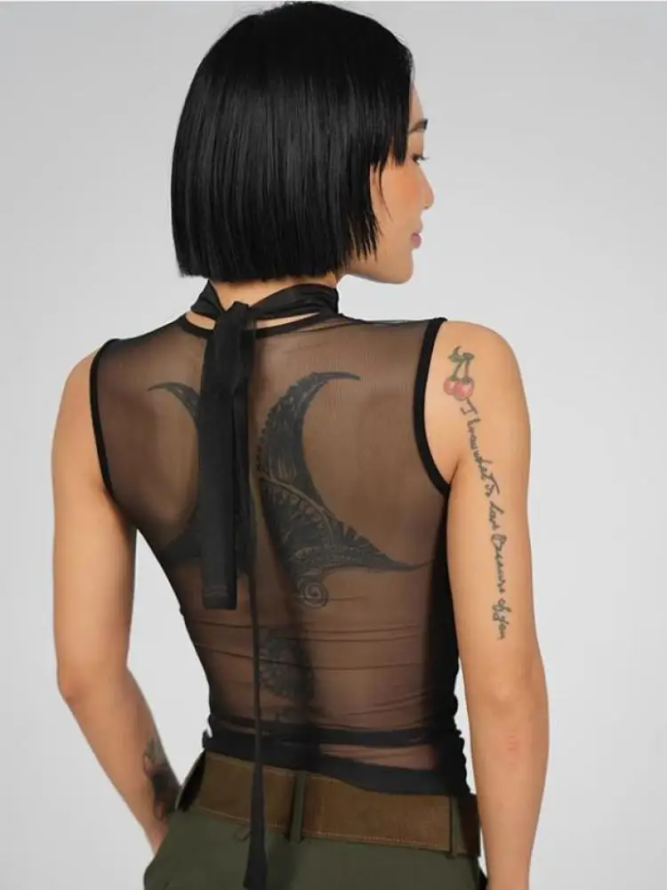 Yedinas أسود الظهر شير الصيف تانك القمم مثير أكمام تيز التصميم الأصلي الدبابات ضئيلة الكورية موضة شيك 2000s الملابس Y2k