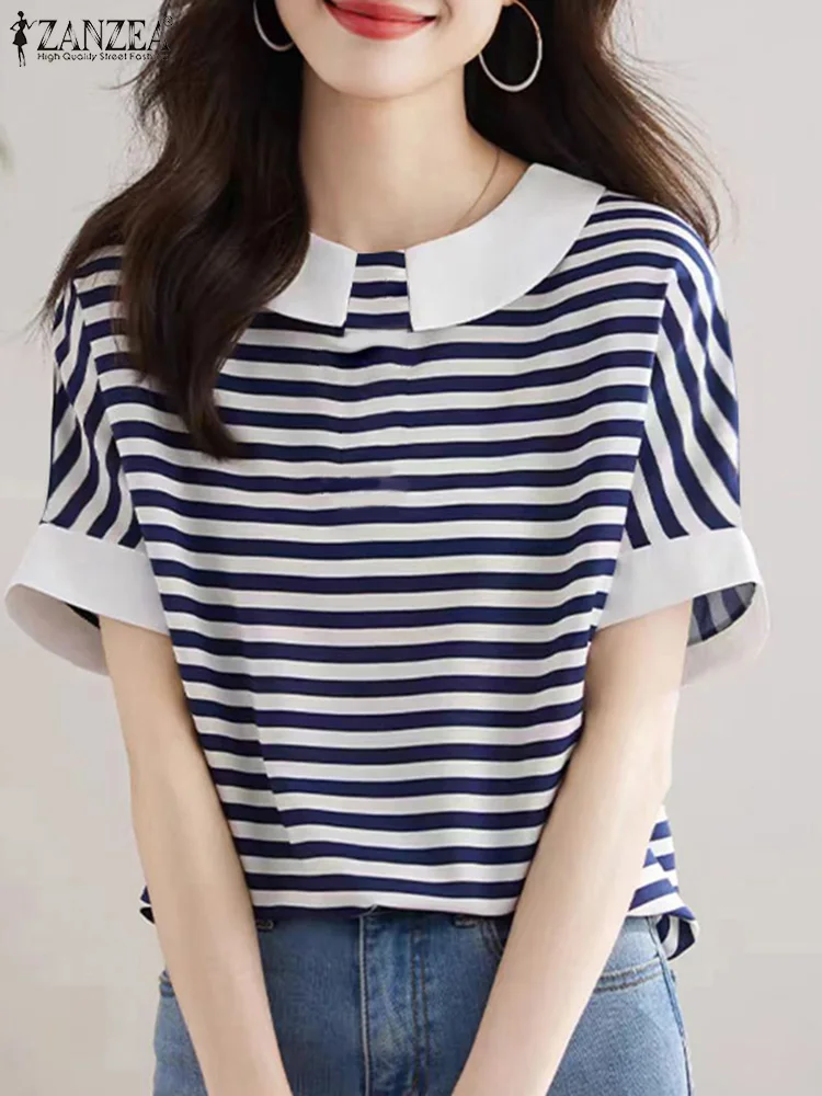 ZANZEA Women Plaid T-shirts Korean Doll Collar Simple Tees 2024 Summer Short Sleeve Tops Casual Colorblock Drop Shoulder Tunics