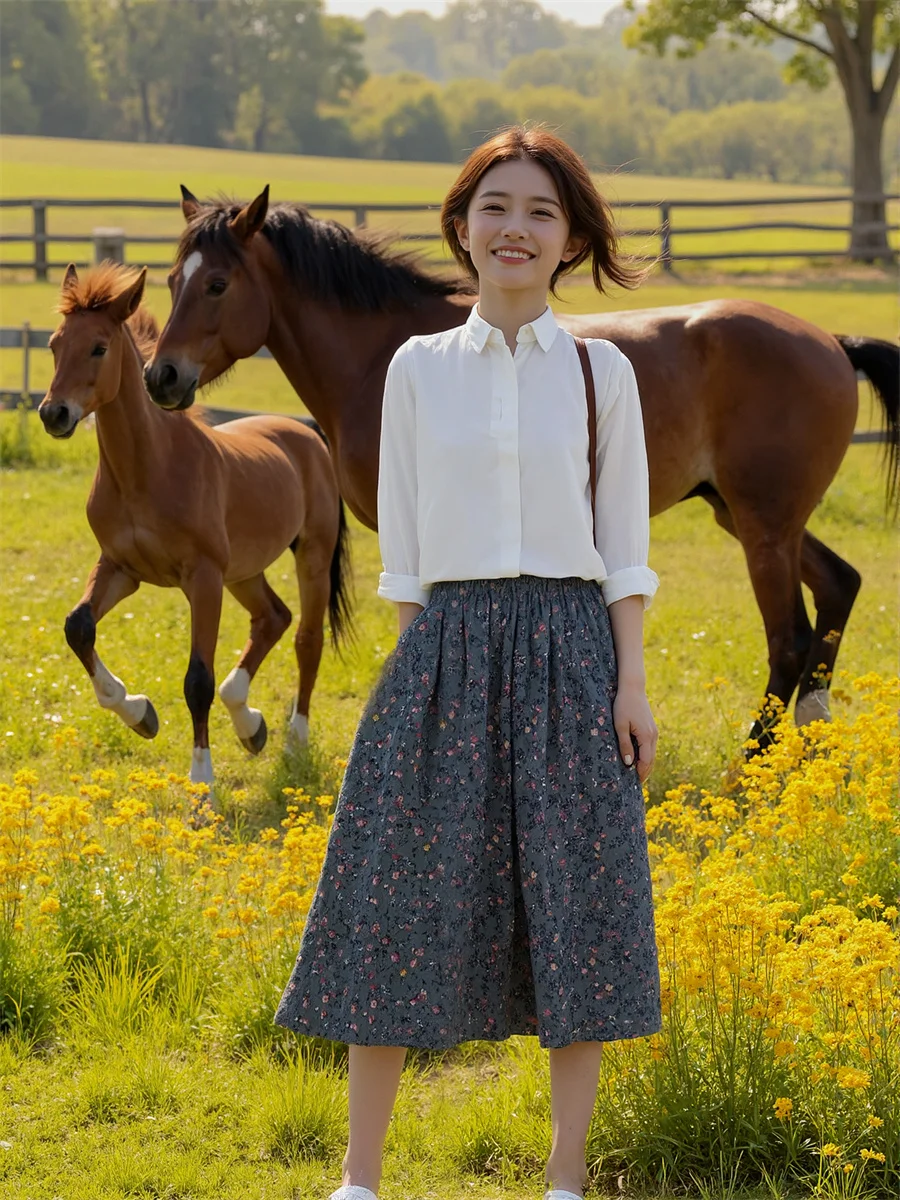 Floral Printed A-line Skirts Womens Pleated Layered Mesh Tulle Ruffle Waist Applique Cake Elegant Sweet Kawaii Bohemian Feminina