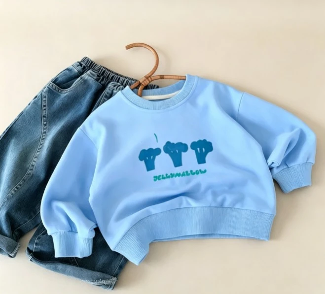 Small Infant Cute Cartoon Printed Long Sleeve Sweatshirt Round Neck Loose Fit Pullover Kid Cotton Great For Daily Home Wear Tops