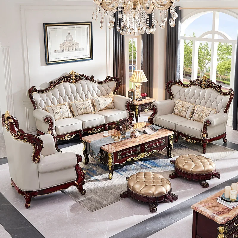 European leather sofa, high-end villa living room, solid wood carving, luxurious red sandalwood, American style