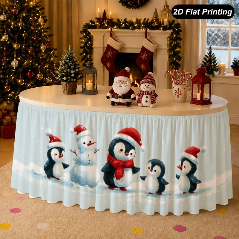 Table skirt / tableskirt - 1 piece set. 2D flat Christmas tablecloth. Snowman and penguin winter family table skirt.