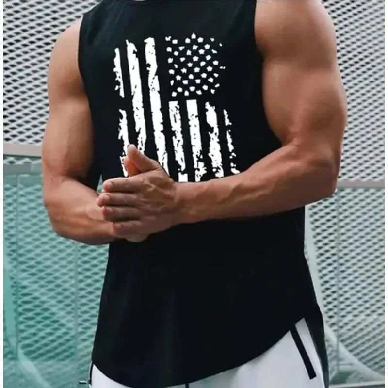 2024 Nowy męski sportowy trening uliczny bez rękawów Tank Top Casual Muscle Fashion Hip Hop Fitness Flag Digital Print Tank Top