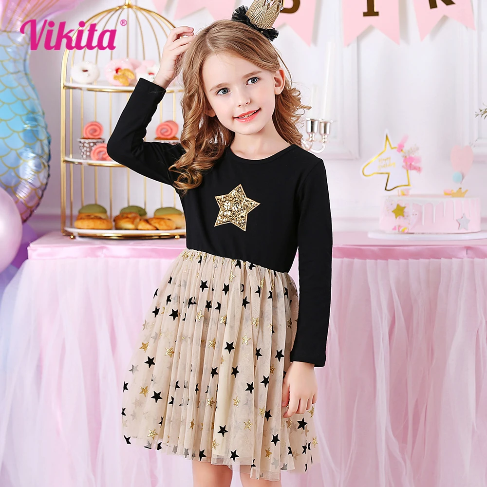 VIKITA Kids Autumn Dresses for Girls Star Sequins Princess Dress Girl Long Sleeve Party Vestidos Girls Dress Children Clothing