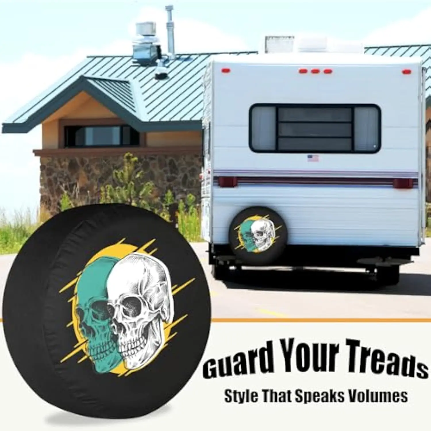 غطاء إطار جرافيك مزدوج الجمجمة Aura مقاوم للماء ومقاوم لأشعة الشمس RV واقي عجلة احتياطية مقاس 12-17 بوصة #2