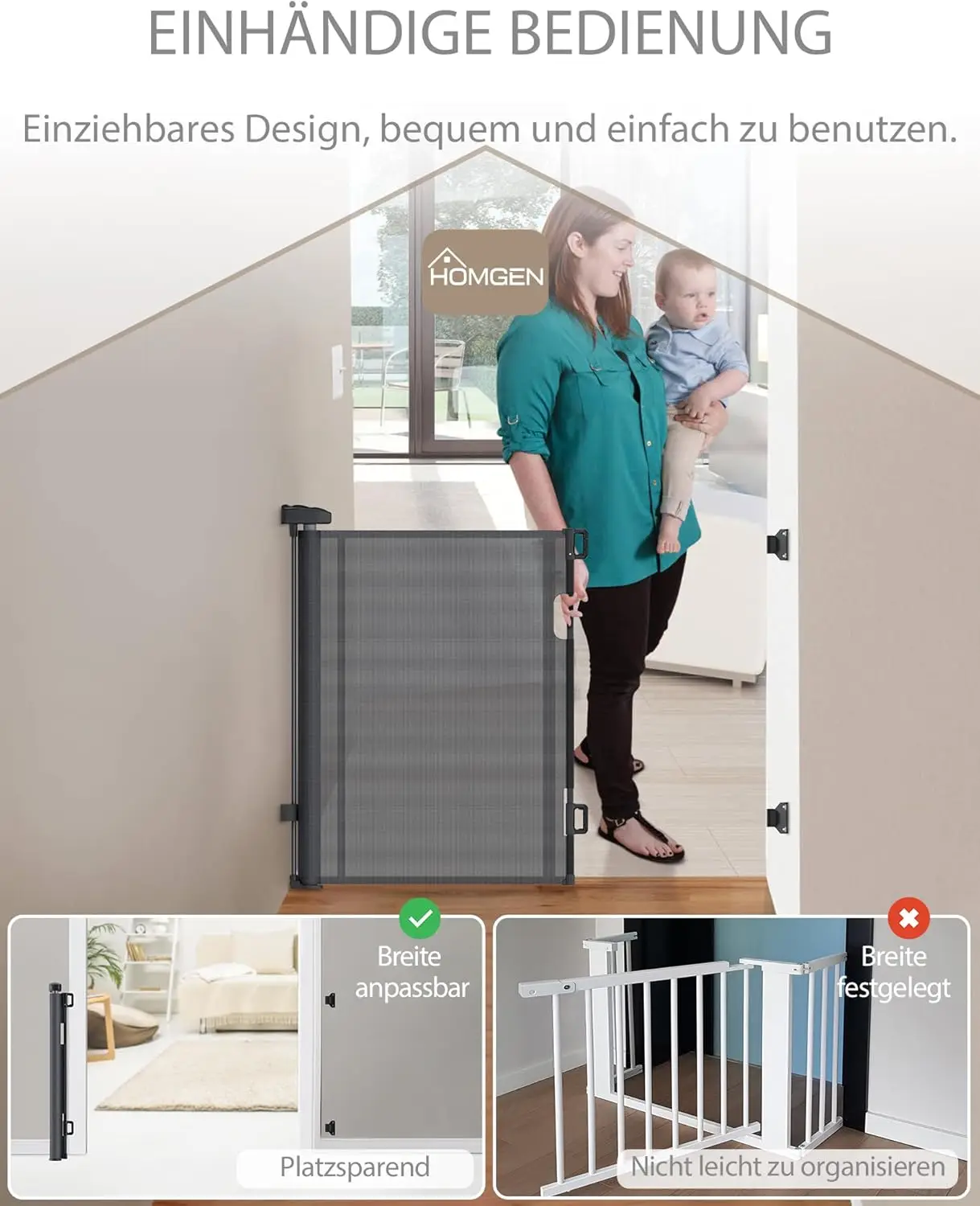 HOMGEN Scale/Porta Regolabile Cancello per Bambini e Animali Domestici, 0-180 CM, Funzionamento con Una Mano, Rinforzato con Fibra di Vetro, Nero