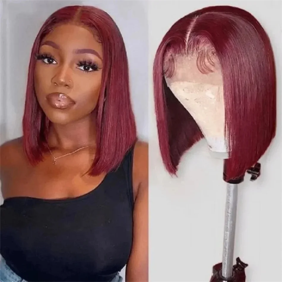 

Short Bob 13x4 Lace Front Wig 1B 99J Straight Burgundy Human Hair Wig Brazilian Remy Ombre Wine Red 180% Pre Plucked For Women