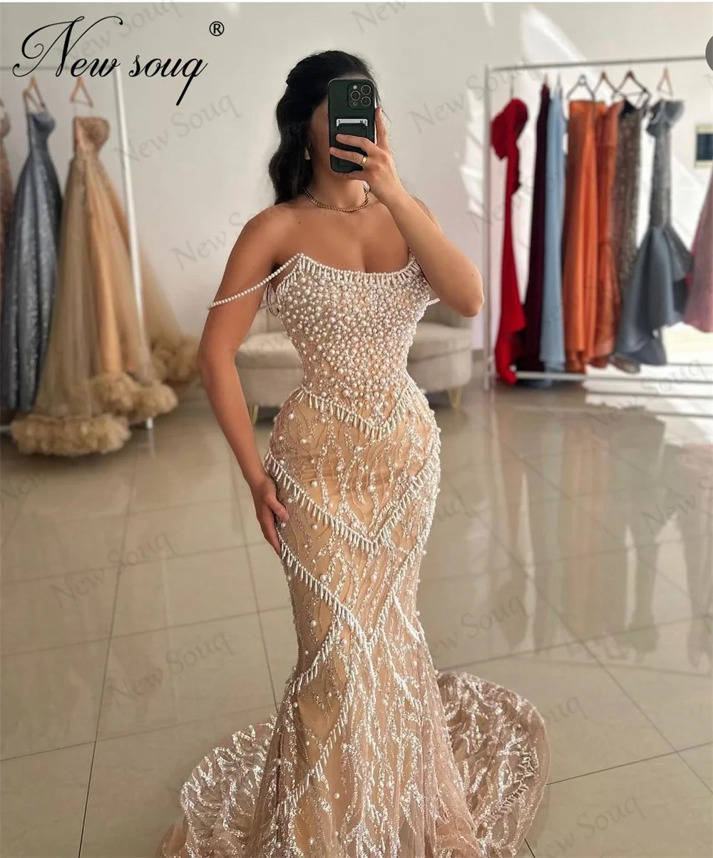 Champagne Mermaid Prom Dresses Custom Made Pearls Spaghetti Straps Celebrity Gowns Dubai Wedding Evening Dress Vestidos De Gala