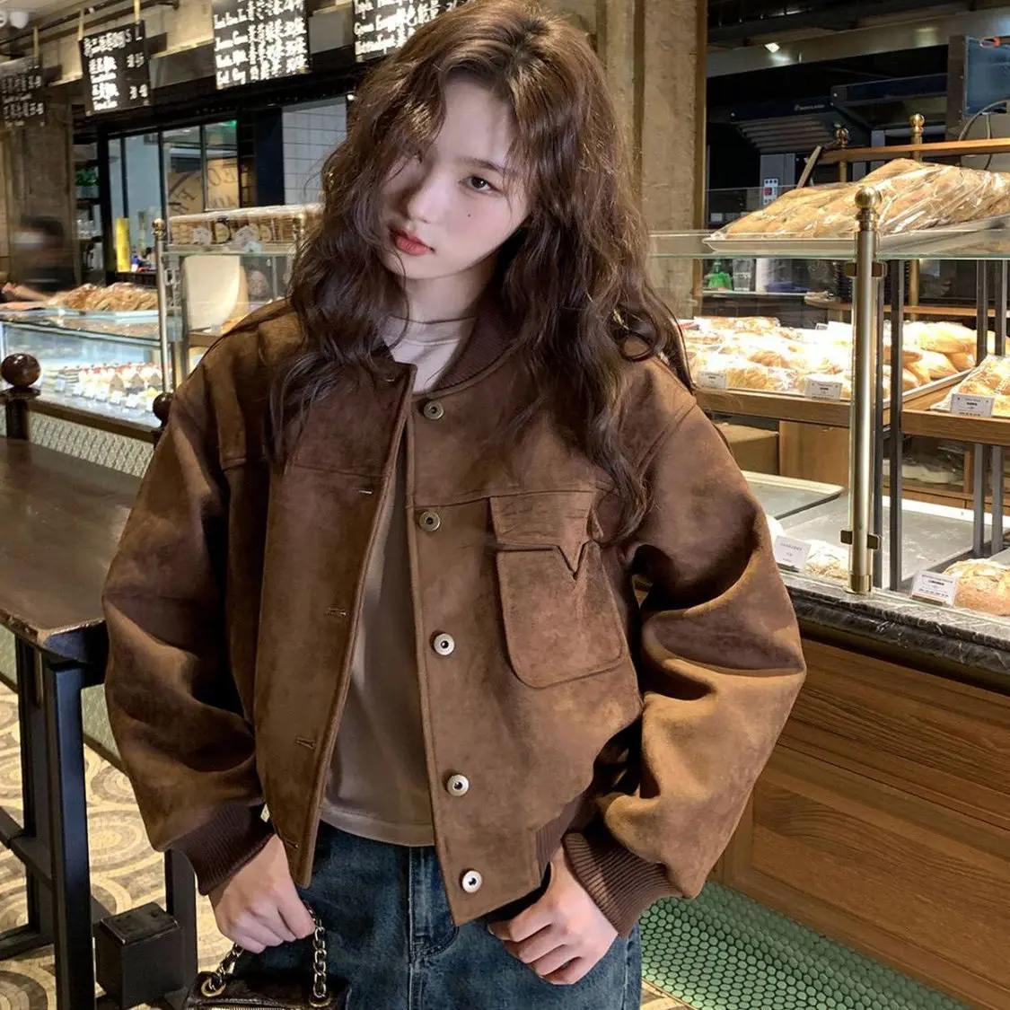 

Women's Jacket Coat 2026 Spring Autumn New Baseball Jacket Vintage Suede Cropped Biker Style Short Coat For Petite