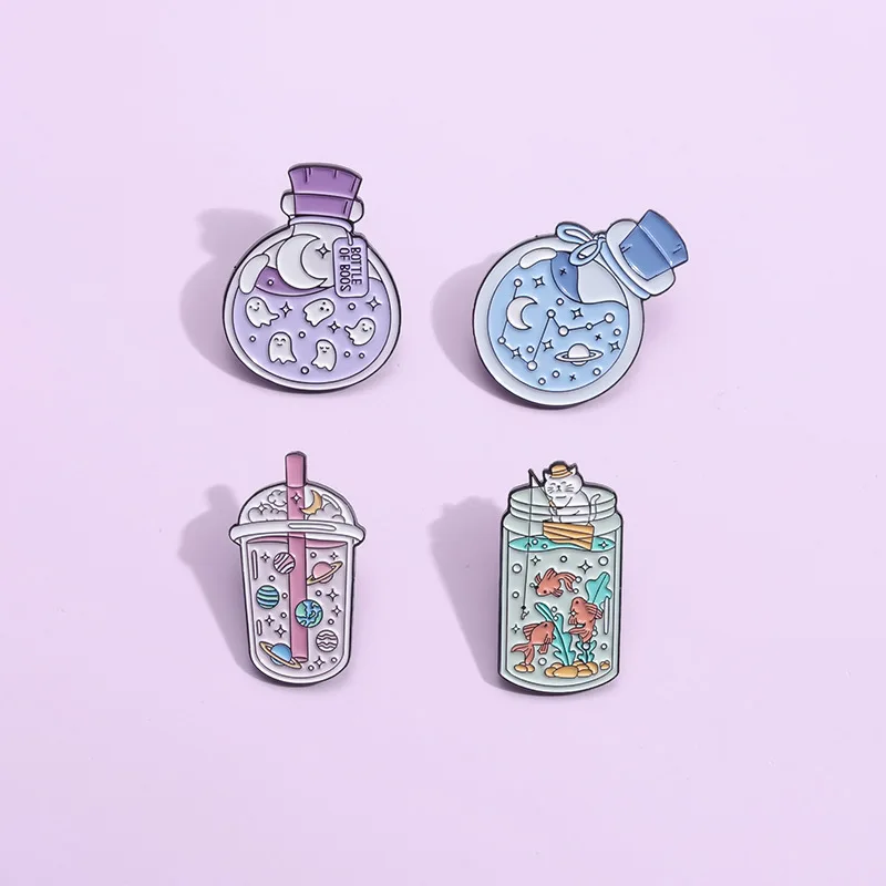 Dream Wishing Bottle Enamel Pins Planet Cat Fishing Brooch Ghost Constellation Cosmic Custom Lapel Badges Jewelry Gift Wholesale