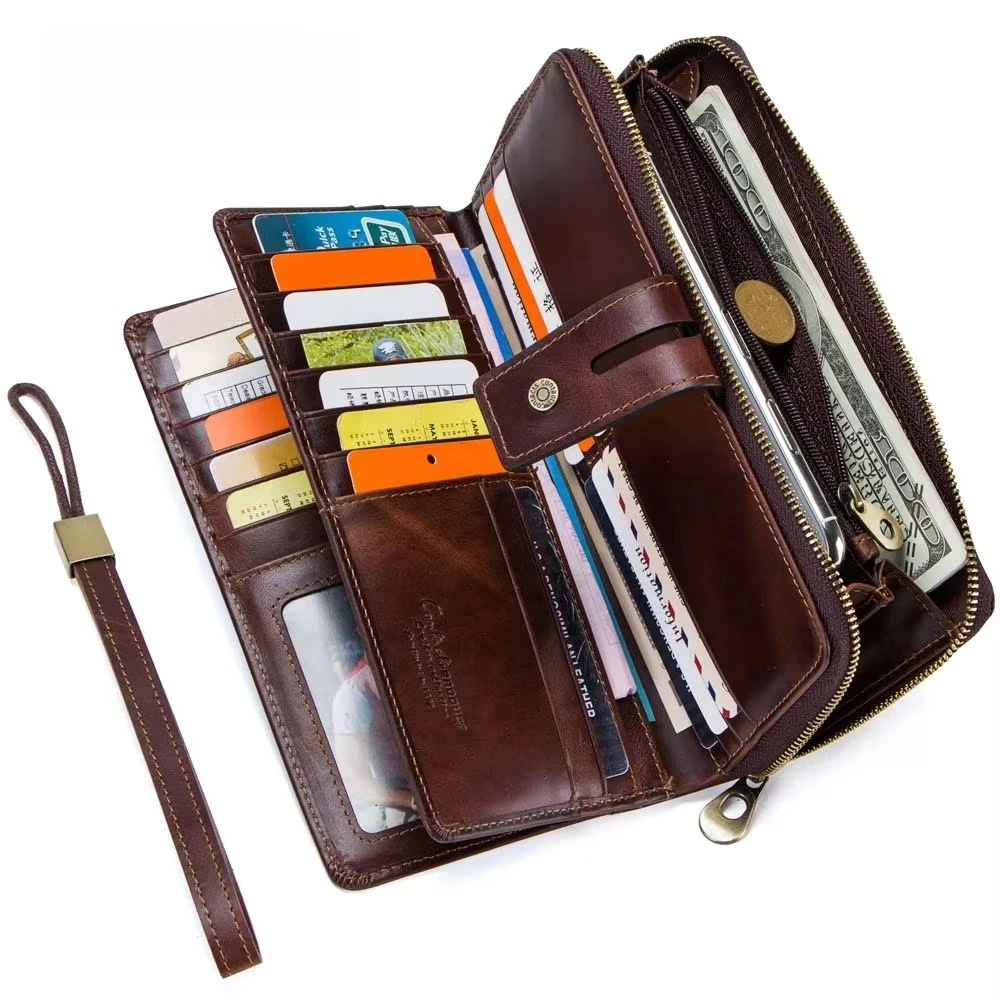 

28-card-slot Crazy Horse Genuine Leather Men Clutch Mobile Phone Wallet Men Contact's Wholesale
