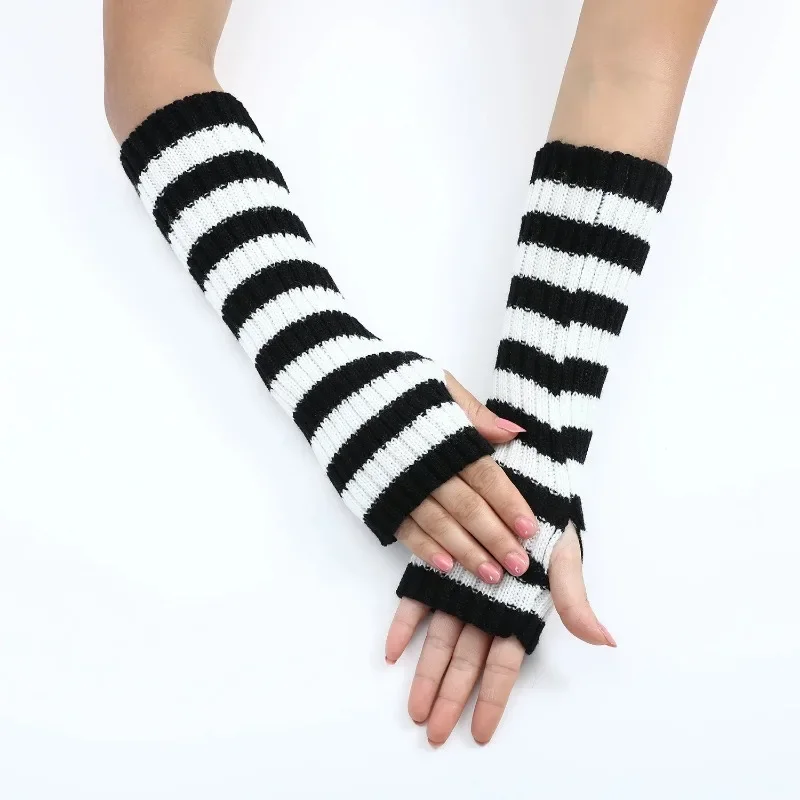 30cm Knitted Arm Warm Gloves Goth Arm Warmers Half Finger Long Wrist Gloves False Sleeves Stripe Elbow Mittens Autumn Winter