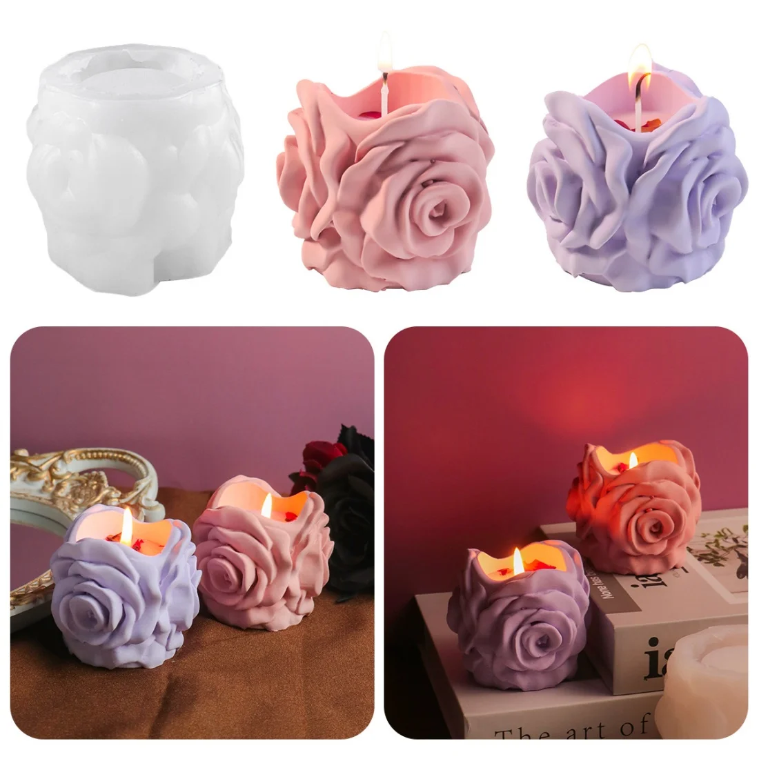 Rose Candlestick Silicone Mold DIY Epoxy Resin Petal Wreath Candle Holder Mold Valentine'S Day Aromatherapy Ornament Flower Mold