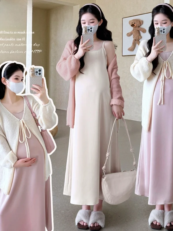 pregnant-women-autumn-outfit-set-2026-new-knitted-cardigan-and-strap-dress-two-piece-early-autumn-fashionable-maternity-clothing