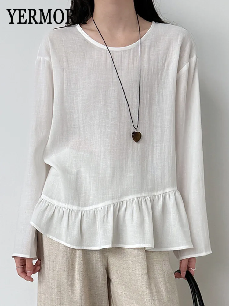 

YERMORA Бежевая льняная блузка с плиссированным подолом для женщин, повседневная, с круглым вырезом, длинным рукавом, свободного кроя, новая модная рубашка, тренд весна-осень 2026