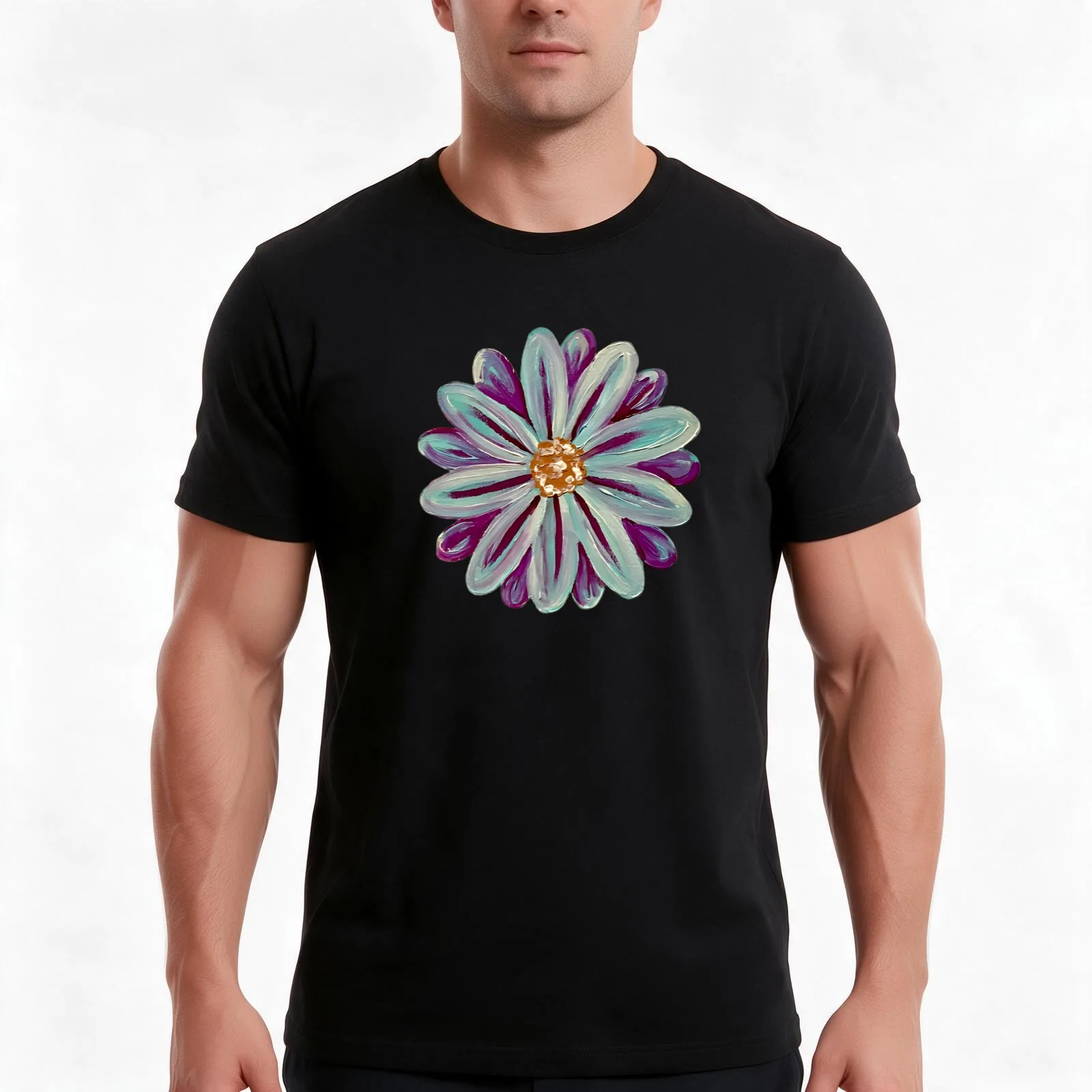 Pretty Blue and Pink Daisy Flower with Yellow T-Shirt, Summer Casual Cotton Tee, Oversized Streetwear Tops, Unisex Men Women