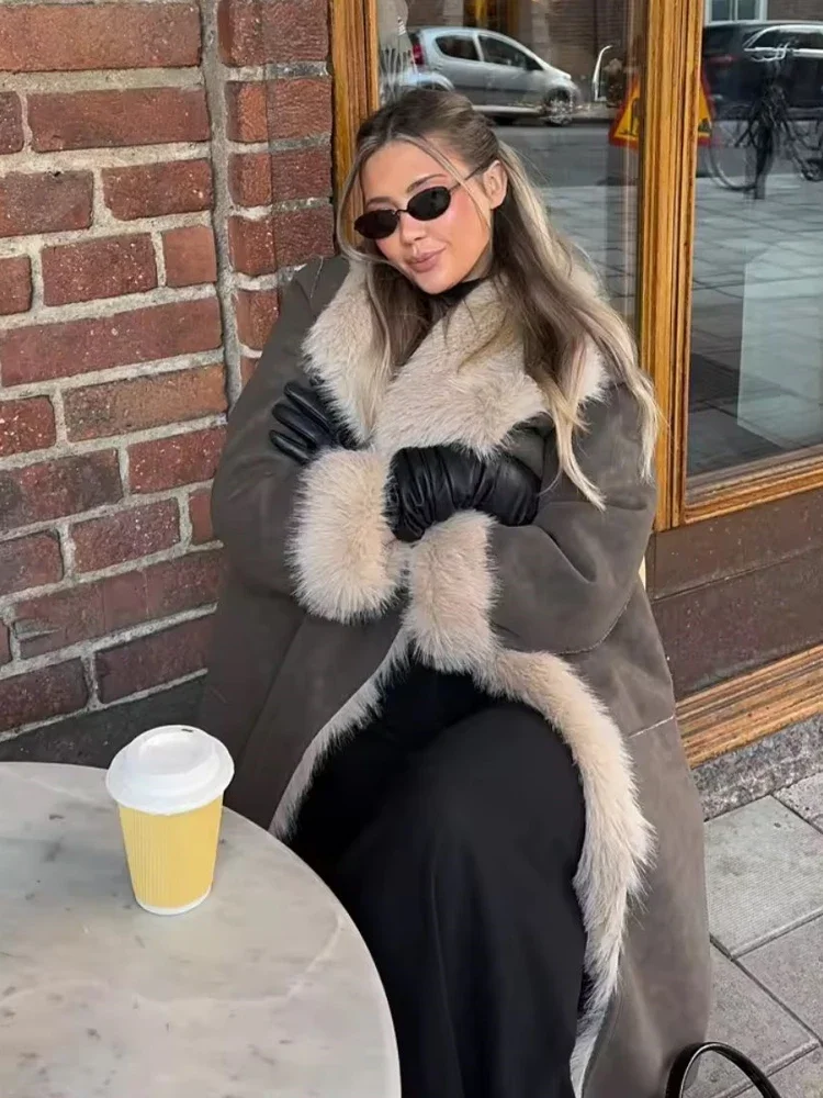 Women Long Coat Fashion Reversible Faux Fur Effect Jacket Long Sleeves Pocket Lapel One Button Coat Woman Casual Warm Outwear