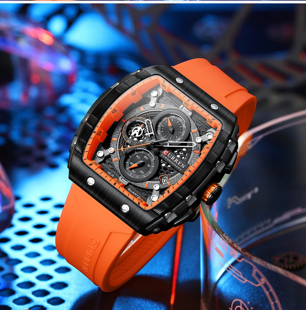 CURREN Fashion Brand Wristwatches for Men Silicone Straps Quartz Hollow Dial Watches with Auto Date Square Clock Male