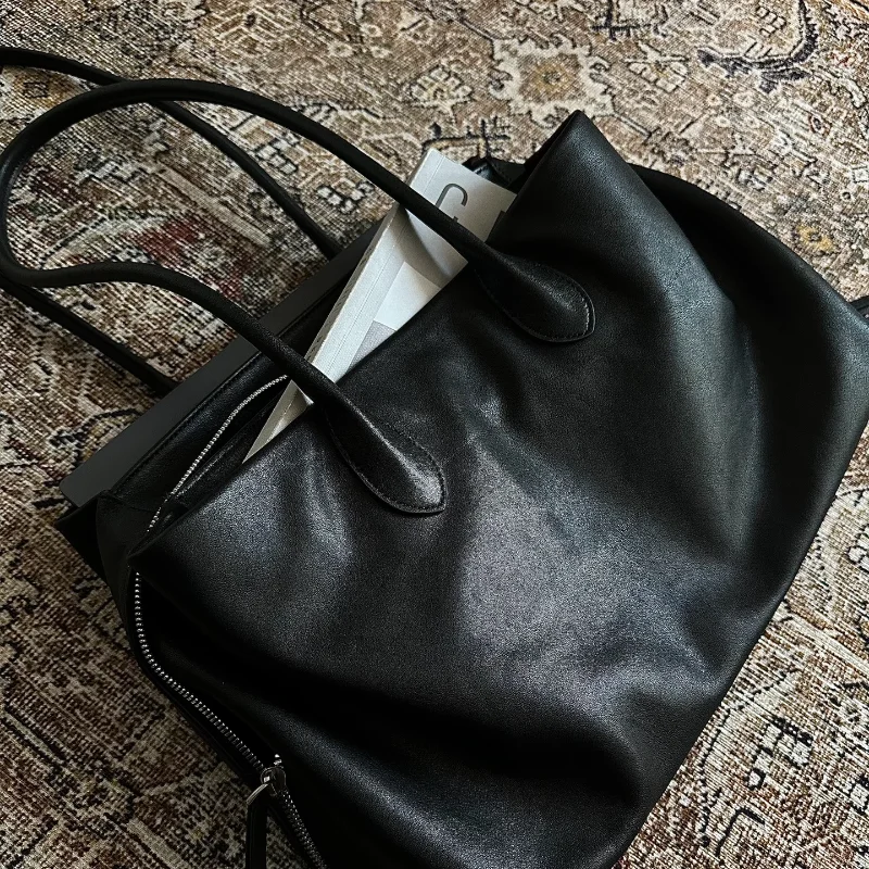 Korean Premium Leather Tote Bag Simple Black Multi-compartment Large Capacity Shoulder Bag Elegant Travel Shopping Handbag New