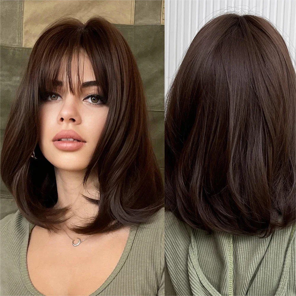 ESIN Synthetic Natural Brown Wig Straight Bob Daily Wigs with Bangs Brown Medium Length Party Wigs for Women Cosplay Hairstyle