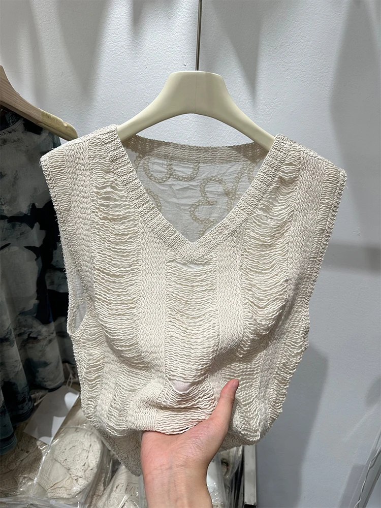 Retro Chic Dzianinowa Kamizelka Damska Luźna Warstwowa Dekolt V Letnia 2024 Koreańska Wygodna Swobodna Moda Casual Prosta Linia
