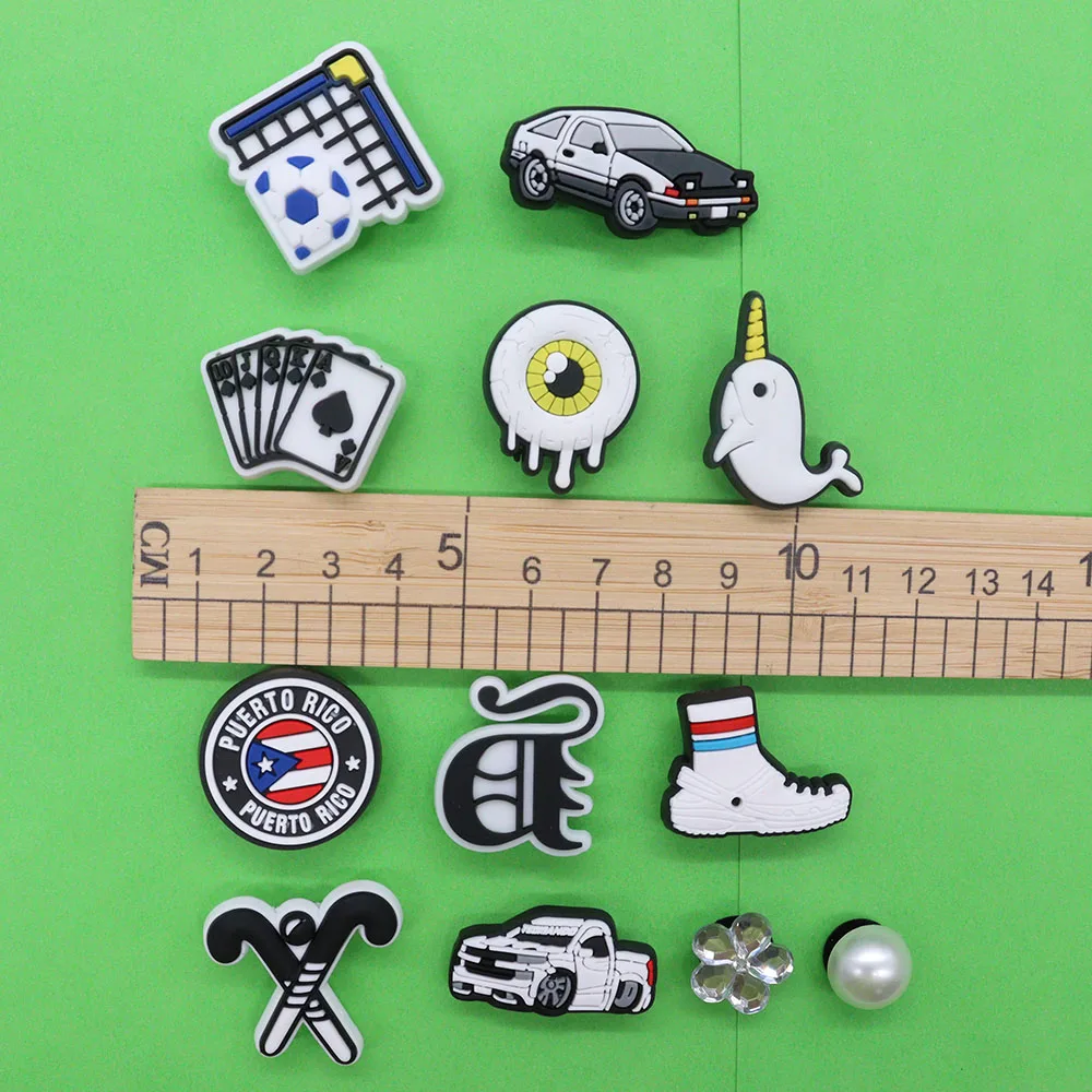 Mix 50pcs Eyes Car Playing Cards Pearl Flower Soccer Cart Polo Shoe Charms Fit Wristbands Accessories Decorations Kids Gift