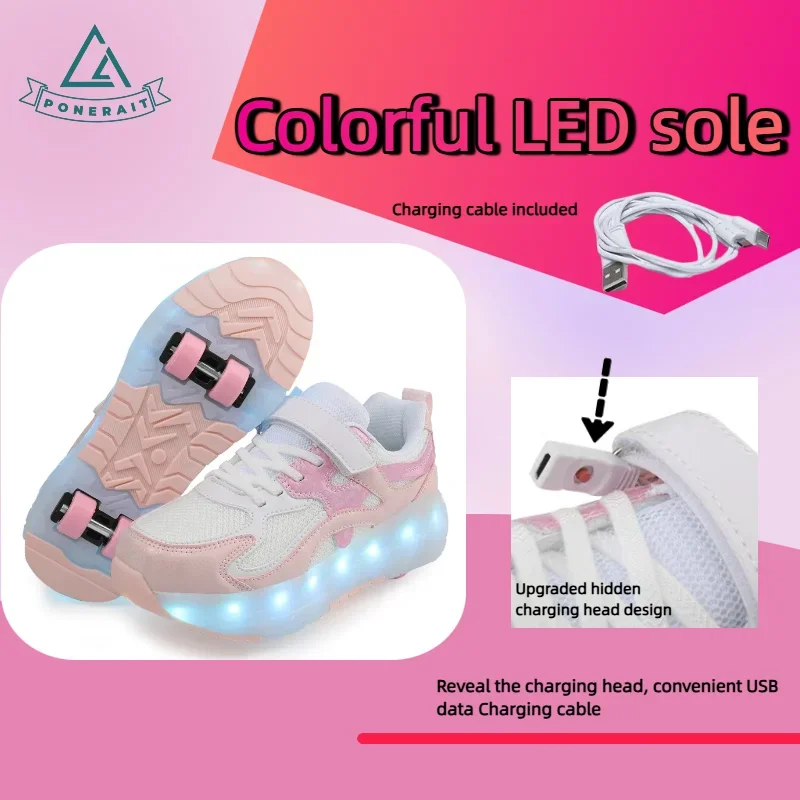 أحذية تزلج PONERAIT للفتيات ذات 4 عجلات مع نعل إضاءة LED بتصميم فيلكرو من الجلد قابل للتنفس وشحن USB هدية للأطفال