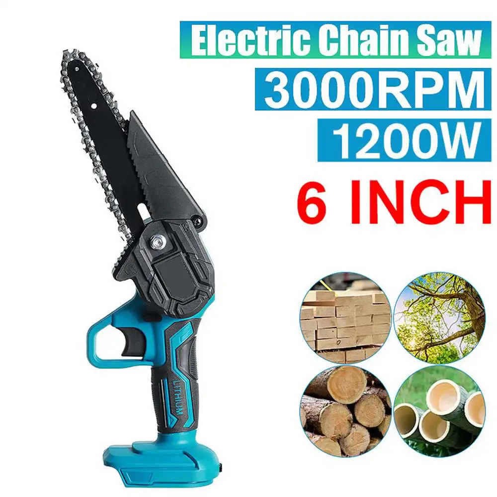 6inch 1200W Cordless Electric Chainsaw One Handheld Chain Saw Garden Tree Branches Cutting Power Tool for Makita 18V Battery