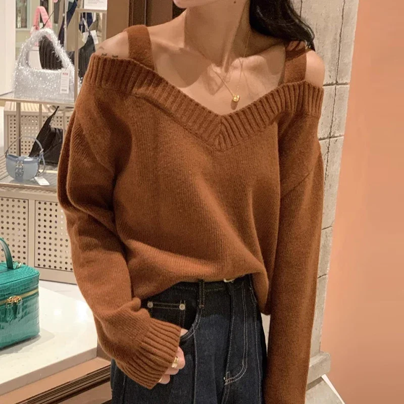 Gagaok Autumn Retro Pull Femme Casual V-neck Versatile Off Shoulder Long Sleeved Camisole Knitted Sweater Outwear Pullover