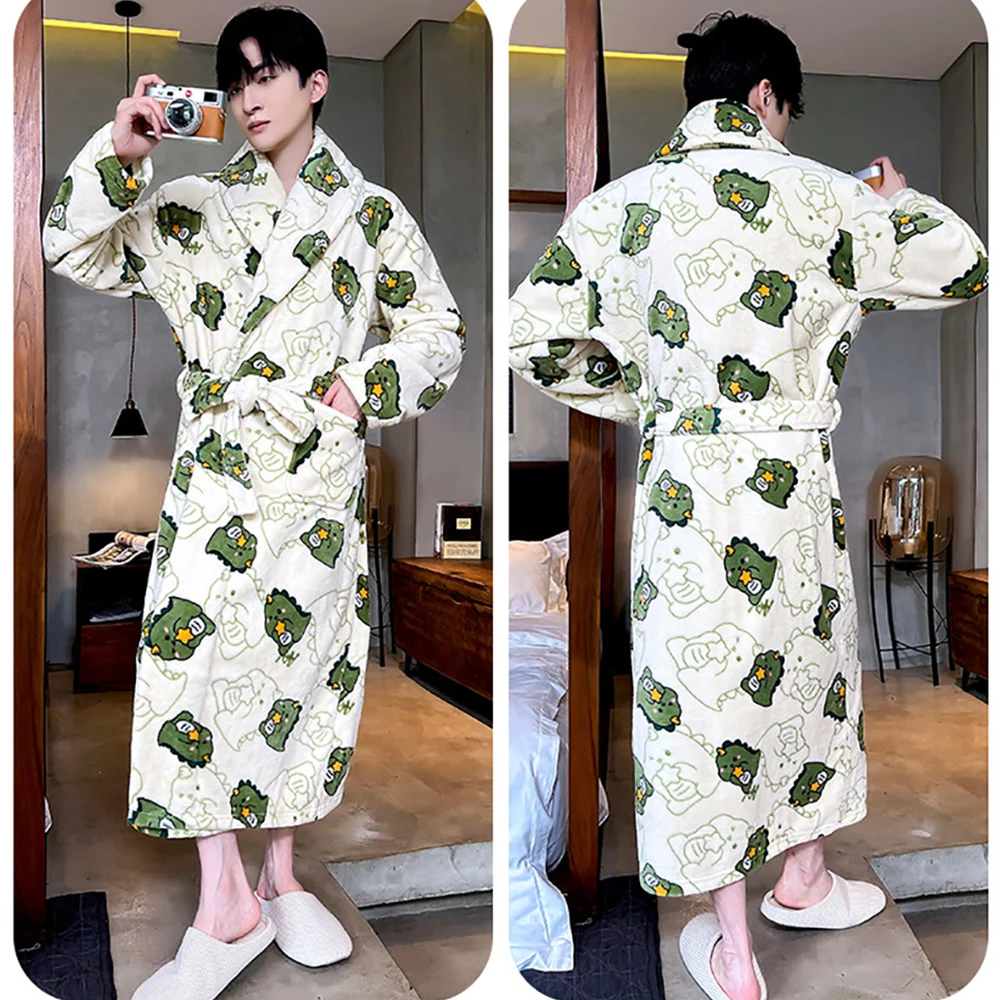 Casual Cartoon Dinosaur Men\'s Bathrobe For 82.5kg Winter Thicken Plush Double Warm Shower Robe Comfortable Soft V Neck Sleepwear