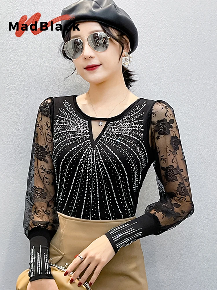 

MadBlack-Женская европейская футболка, сексуальный круглый вырез Hot Diamond, уличная тонкая трикотажная футболка с длинными рукавами M-3XL, новинка весны 2026 T61276CC