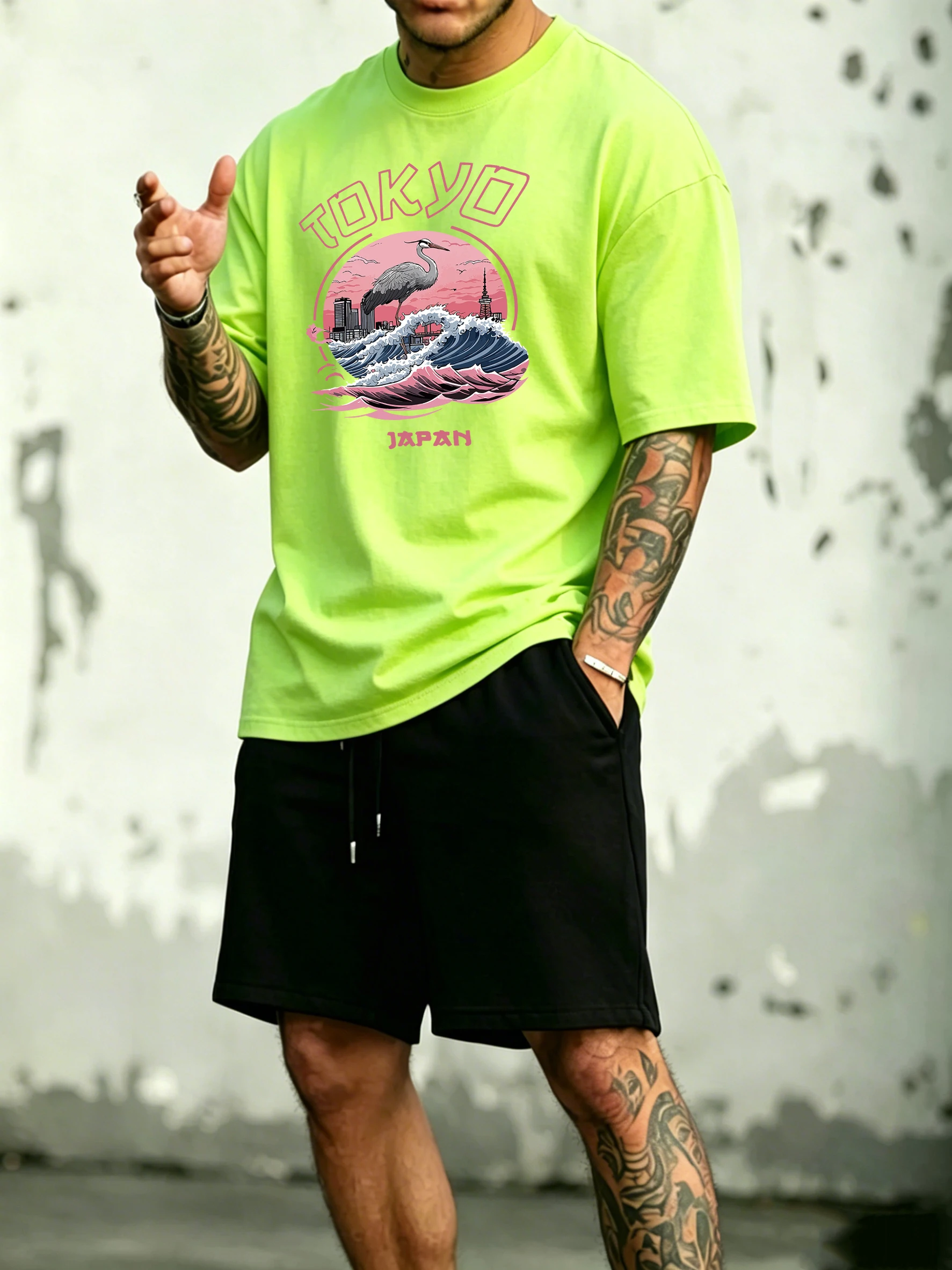 

Tokyo Japan Harajuku Crane Waves Print Cotton Summer Classic Mens Short Suits Soft Pocket Bottom All-Match Casual Streetwear