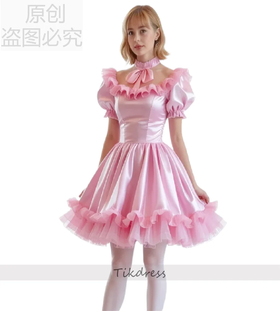 

Classic Lolita Pink Prom Dress 2026 Short Sleeve Mini Cocktail Dress Ruffles Silk Satin Cosplay Evening Dress Sexy Formal Party