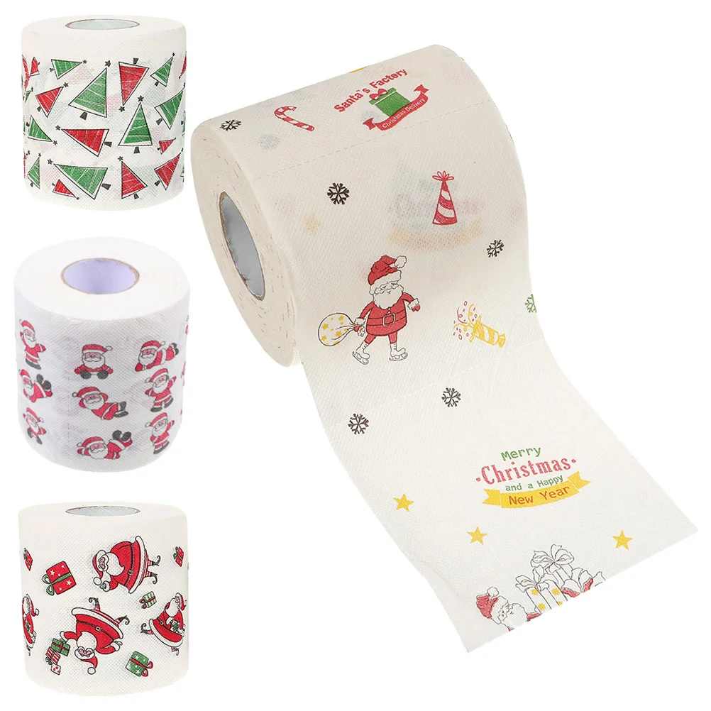 4 rolos de papel higiênico com padrão de natal, guardanapo de almoço, tecido de natal estampado, toalha de banho, suprimentos de banheiro