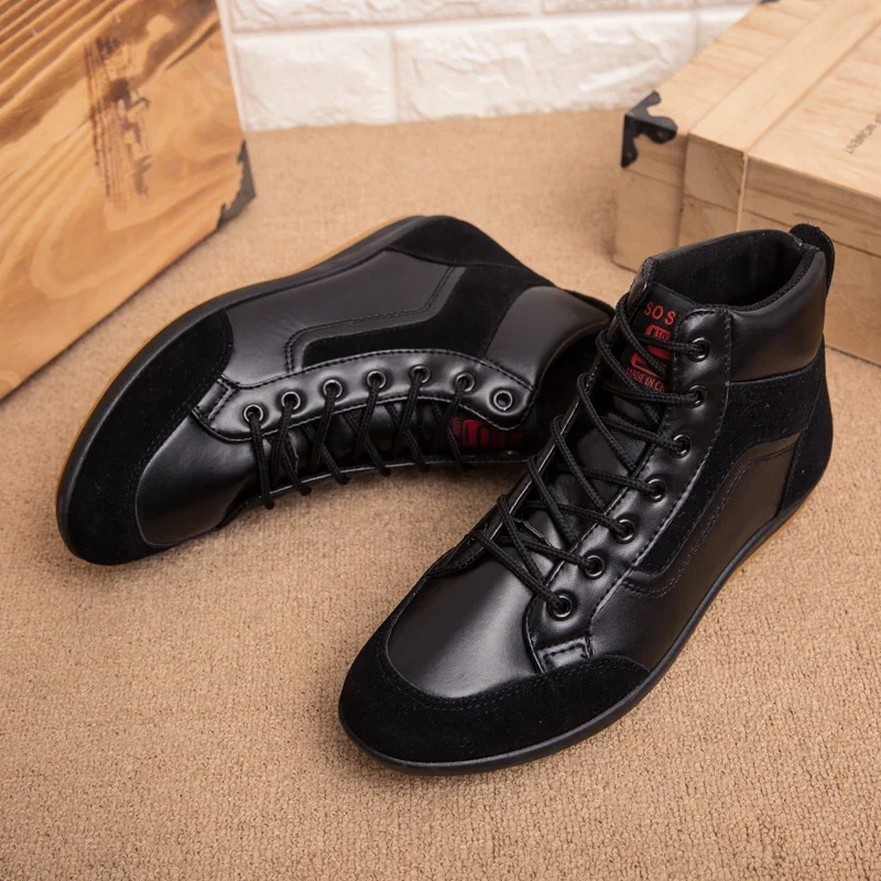 Men's Leather Boots PU Walking Shoes Lace-up Fashion Spring Autumn High Top Flat Cowboy Shoes