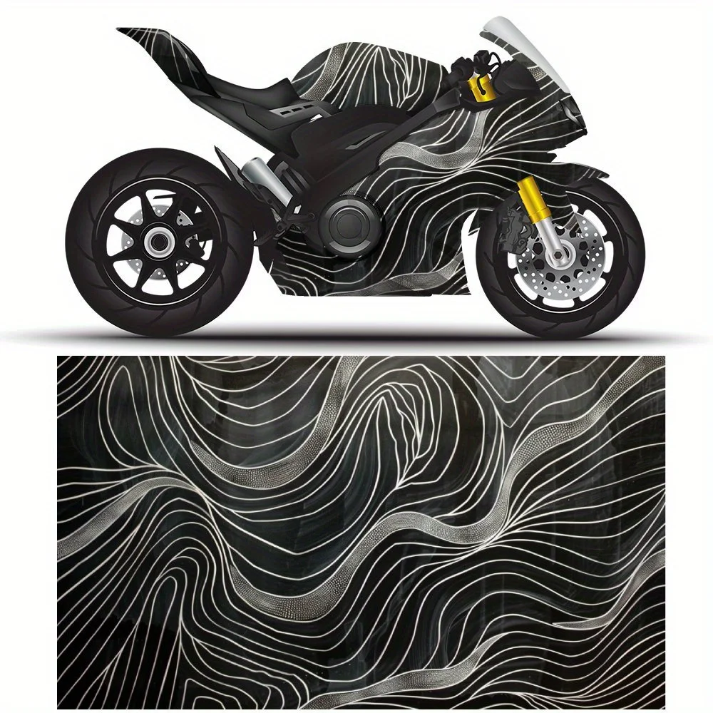 

Mysterious Black and Silver Flowing Curve Motorcycle Full Wrap Stickers Decorative Motorcycle Race Color Change Decal Film Prote