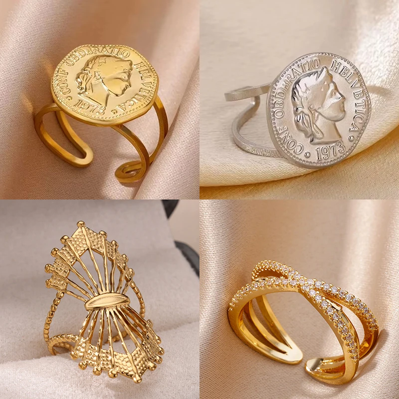 Stainless Steel Round Portrait Open Rings For Women Gold Color Adjustable Wedding Aesthetic Ring Party Fashion Jewerly Gift BFF