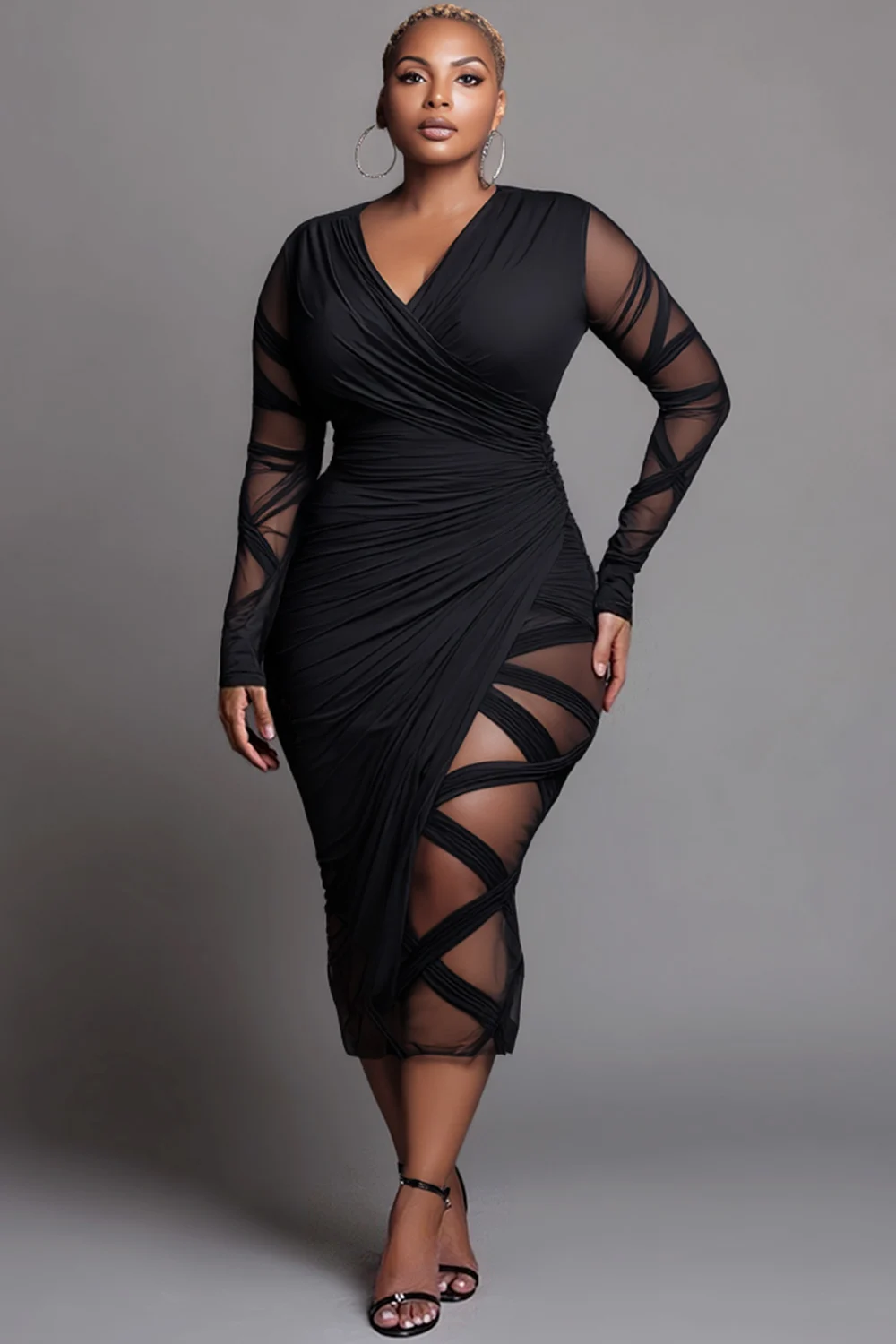 Plus Size Party Black Wrap Neck Long Sleeve Bodycon See Through Midi Dresses