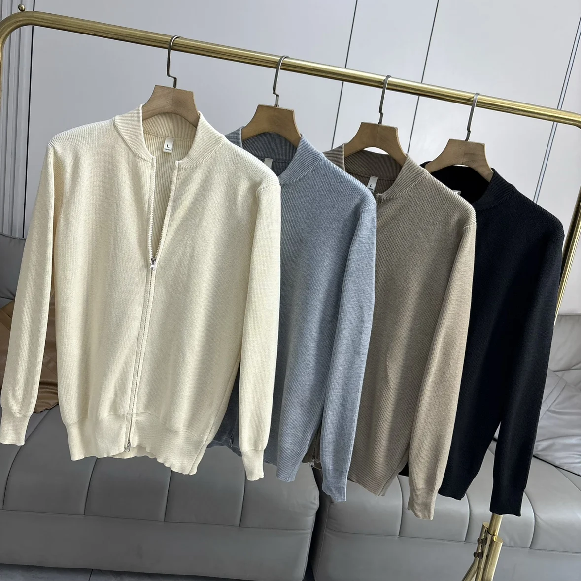 

Double Zipper Pure Color Knitted Cardigan Sweater Men's Casual Sle Faion Urban Autumn Wear Comfortable Breathable Polyester