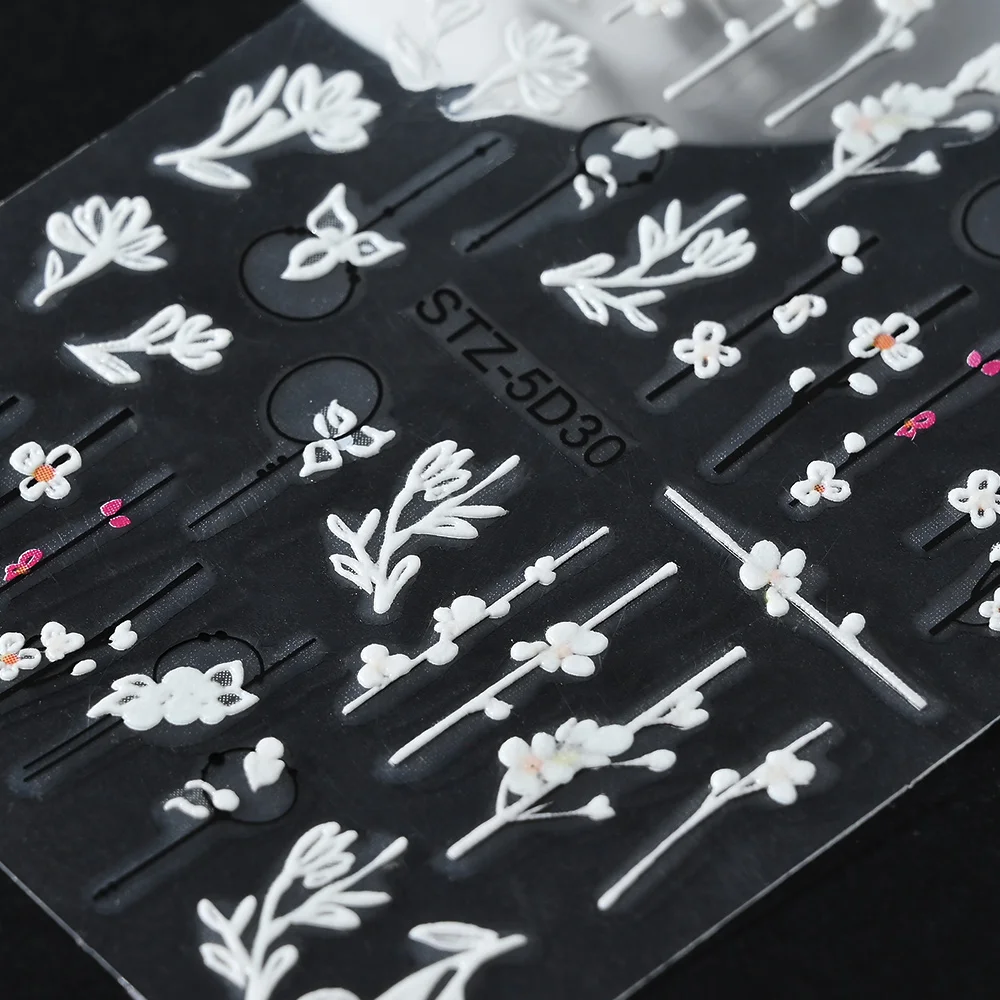 5D Pflaumenblüten-Nagelaufkleber, Blätter, Schieber, geprägte Braut-Nagelkunst-Abziehbilder, kleine Blumen-Design, selbstklebende Nagelschieber aus Acryl