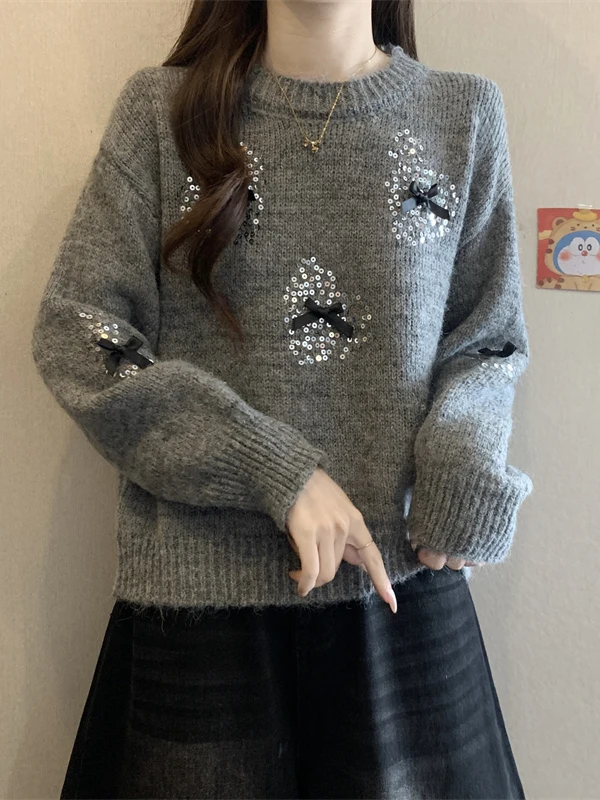 Suéter de Punto con Lentejuelas en 3D, Estilo Dulce y Elegante, Holgado, Color Blanco, para Mujer, Otoño Invierno, Sensación de Moda, Casual, para el Trabajo...