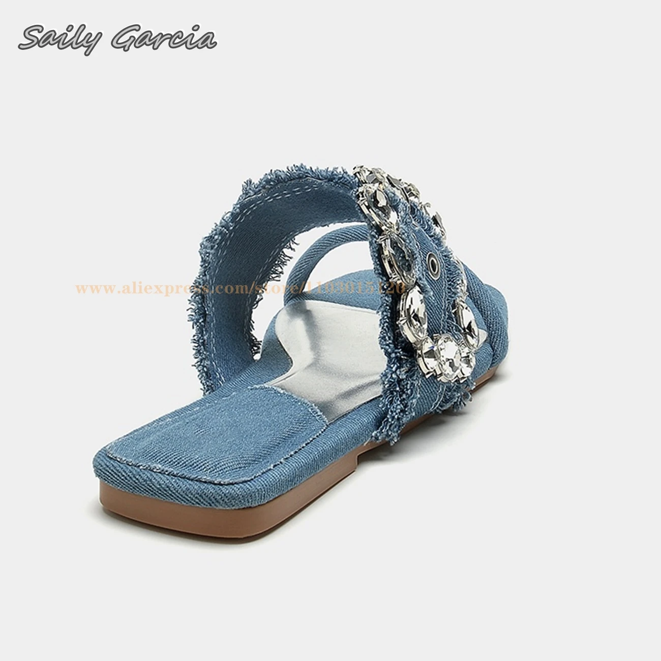 Retro Denim Blue Crystal Buckle Strap Slipper Sandals Summer New All-Match Outdoor Slides Open Toe One Word Belt Casual Shoes