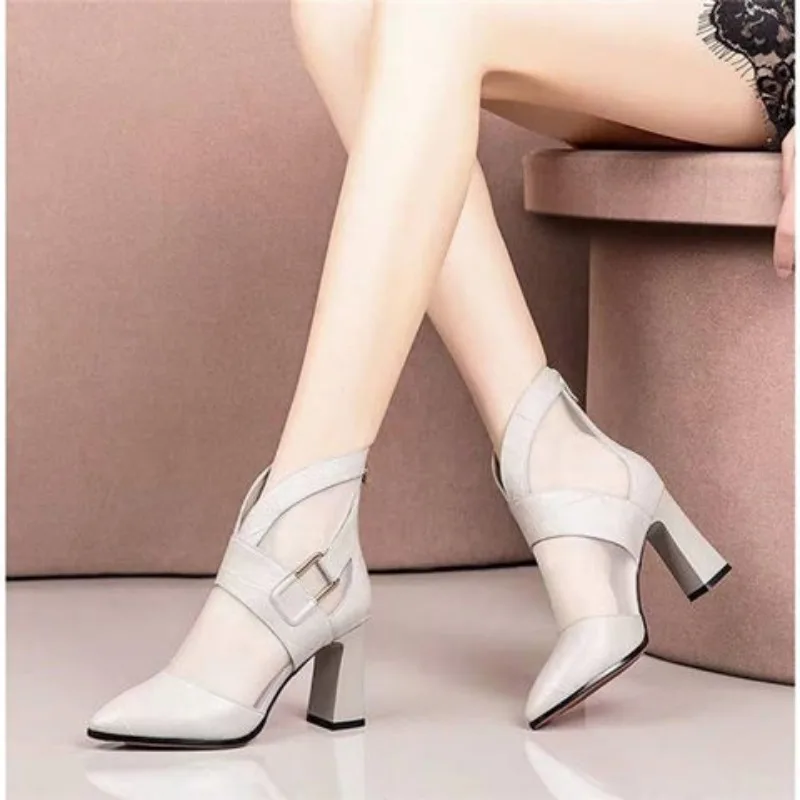 2024 New Thick Heels Woman\'s Boots Pointed Toe Retro British Style Sandals Mesh Fashion Breathable Shoes for Women Spring Summer