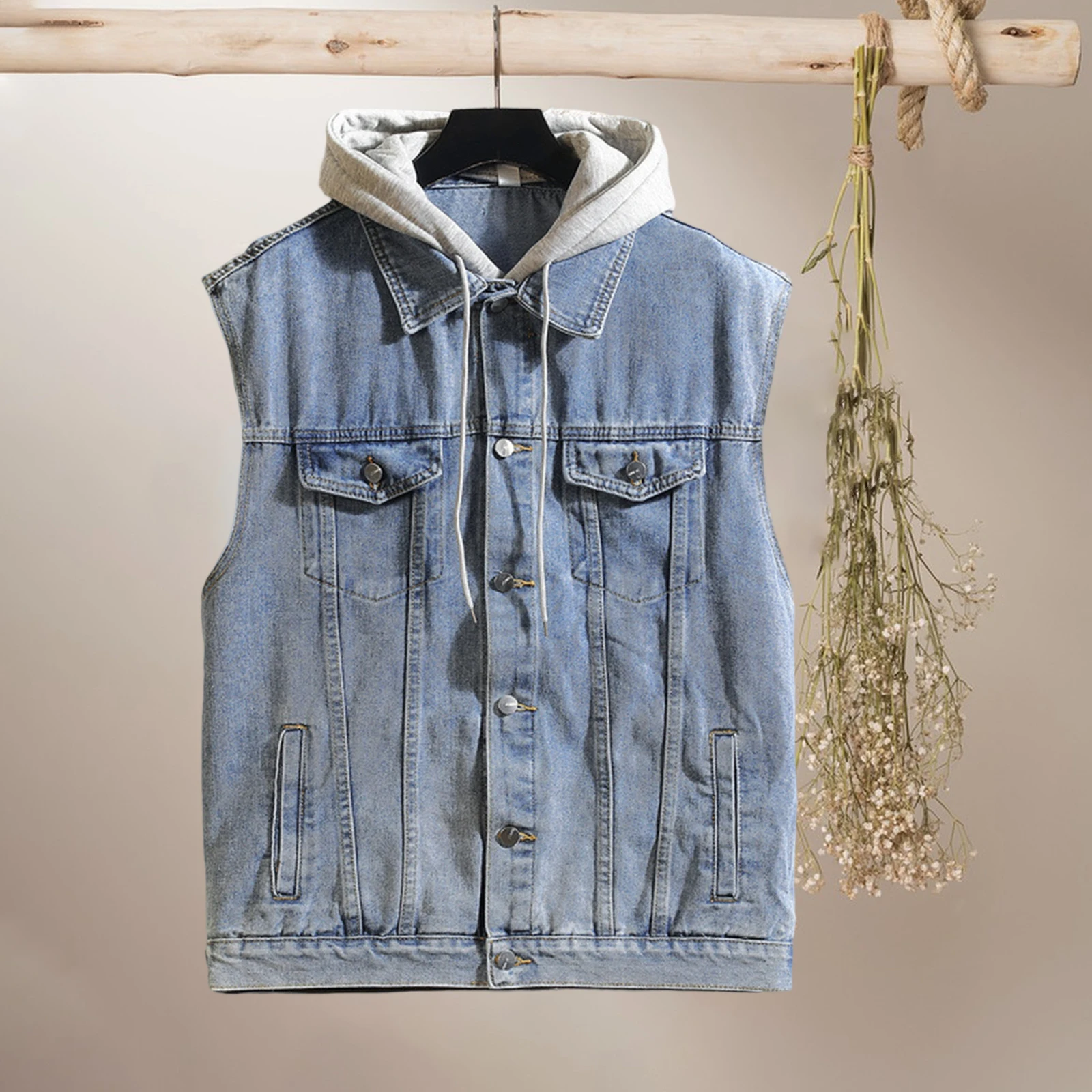 Mens Hooded Denim Vest with Pockets Casual Contrast Color Button Up Warm Sleeveless Jean Jacket