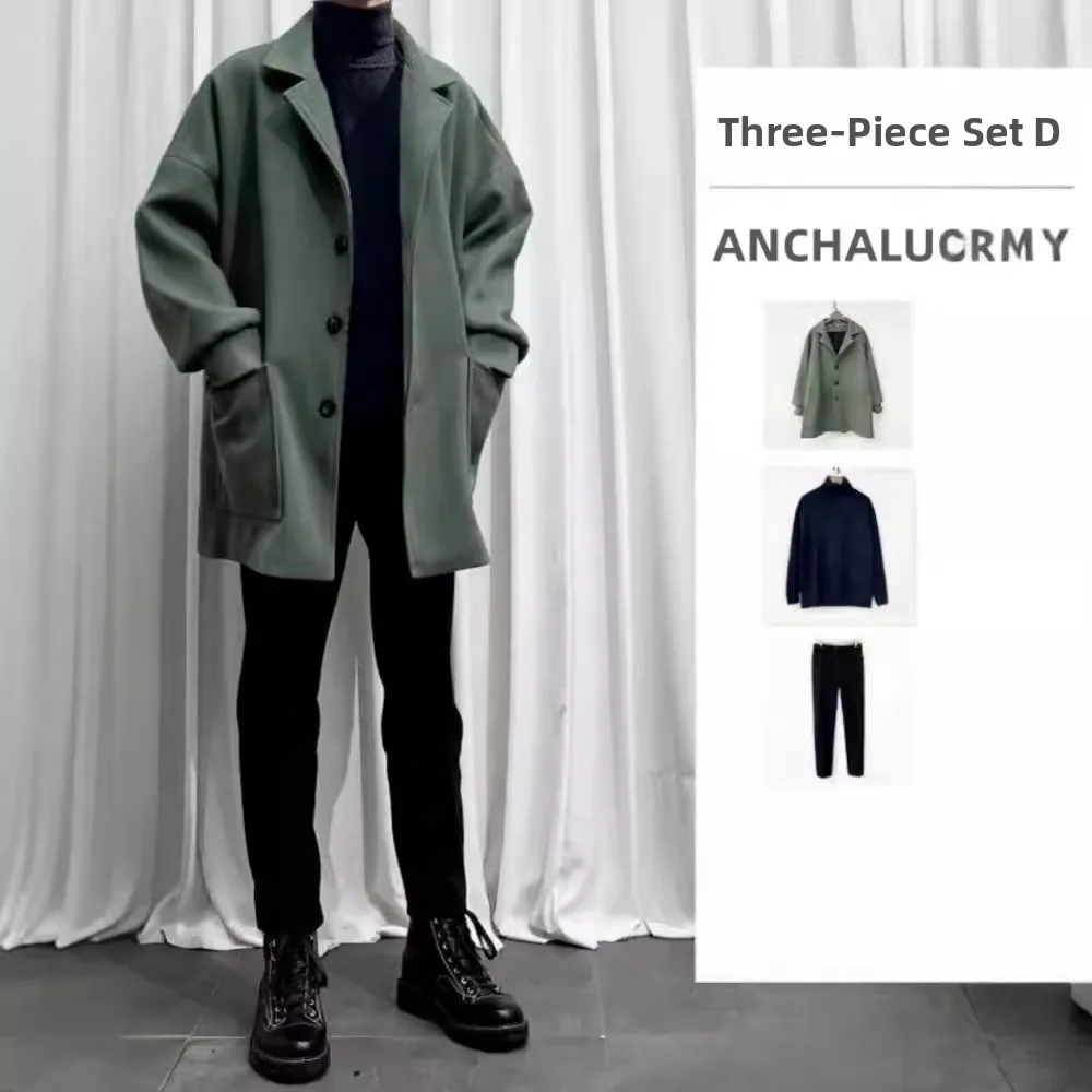 

Men's Woolen Coat Set Casual Spring Autumn Outerwear Trendy M Clothing Clete Set Haome Loose Fit Long Sve