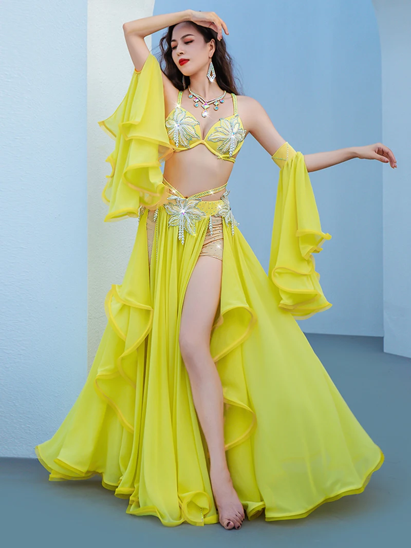 Belly Dance Training Clothes Women Diamond Bra Mesh Long Skirt Princess Fan Popsong Opening Dance Performance Attire Dancewear