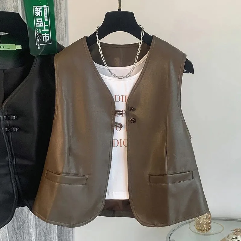 

Fashion Pu leather Vest Women New 2026 Loose spring Autumn Korean Sleeveless Casual leather Waistcoat Coats Female Jacket Tops
