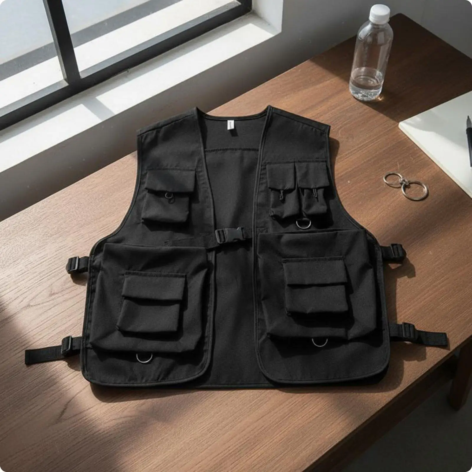 Black Cargo Vest Streetwear Style Multi-Compartment Vest Apparel for Outdoor