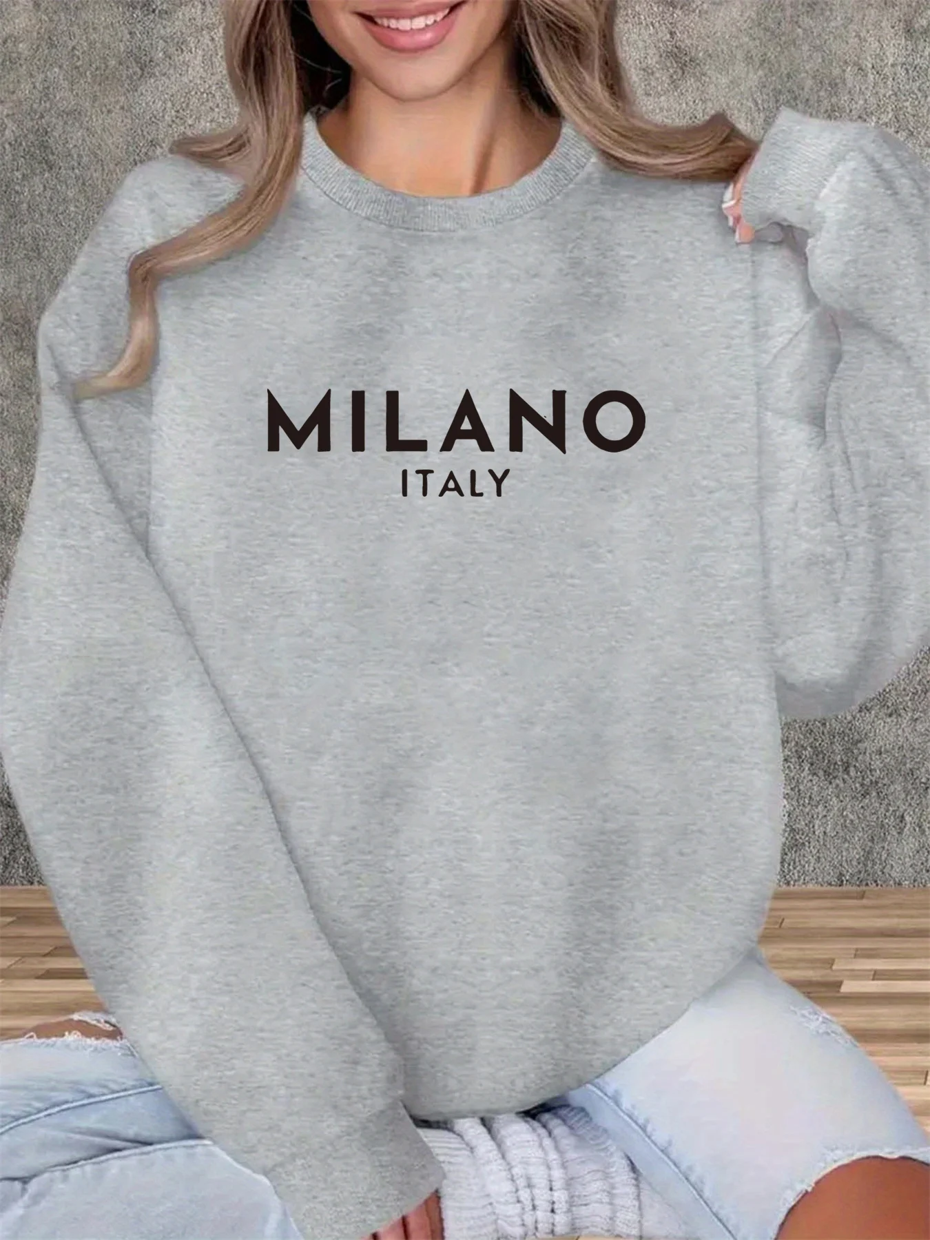 Women's autumn and winter casual loose comfortable warm MILANO ITALY letter pattern printed round neck long sleeved pullover