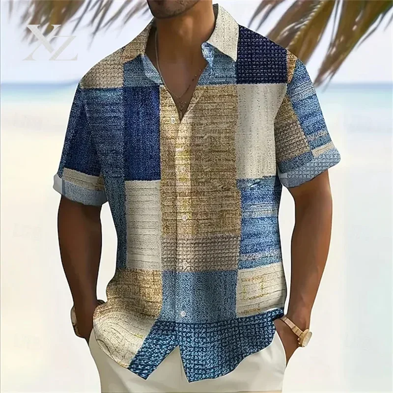 Men's Plus Size 5XL Short-Sleeve Lapel Button-Down Hawaiian Shirt with 3D Color Block Print, High-Quality Casual Top